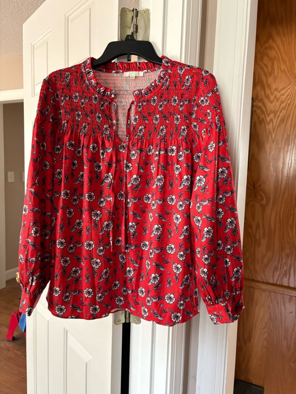 Jade Red Floral Smocked-Yoke Blouse